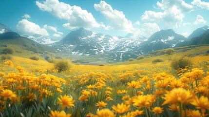 Obraz premium Rapeseed Flower Sea In the middle of the valley, Mountains. Generative AI.