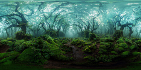 Misty morning in the forest 8K VR 360 Spherical Panorama - obrazy, fototapety, plakaty