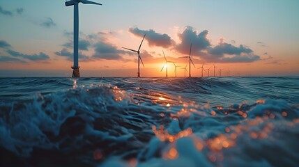Sunset Scene of Offshore Wind Farm Turbines in the Ocean with Serene Background. Concept Sunset Photoshoot, Offshore Wind Farm, Ocean View, Serene Landscape, Turbines in the Ocean