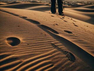 footprint of a person standing on top of the sand dune in the middle of the desert 
