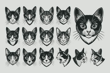Portrait of hand drawing japanese bobtail cat head illustration design set