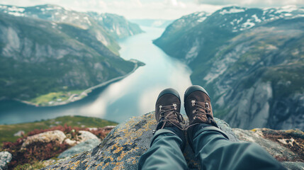 View from mountains lake river fjord - Hiking hiker traveler landscape adventure nature sport background panorama - Feet with hiking shoes from a woman standing resting on top of a high hill or rock