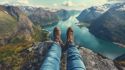 View from mountains lake river fjord - Hiking hiker traveler landscape adventure nature sport background panorama - Feet with hiking shoes from a woman standing resting on top of a high hill or rock - obrazy, fototapety, plakaty