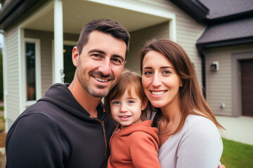 Happy family in front of house, real estate new house concept, people standing outside house