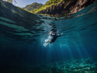 man snorkeling in crystal clear water