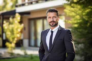 Portrait of a businessman in front of new modern house, real estate broker standing outside house or luxury life concept