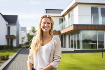 Smiling woman in front of new modern house, real estate broker standing outside house or luxury life concept, confident and successful female looking at the camera