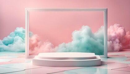 display platform with pink and blue clouds and a pink backdrop