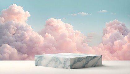 marble display platform with blue sky and pink clouds backdrop - obrazy, fototapety, plakaty