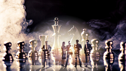double exposure of chess piece on chess board game with silhouette business team and strategy,...