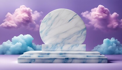 blue and white marble platform against a purple backdrop with blue and purple clouds