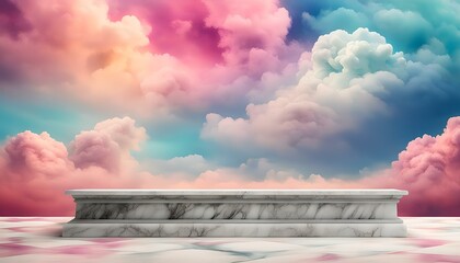 marble platform against a backdrop of bright candy-colored clouds