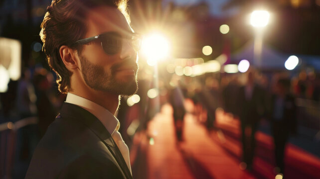 Suave man in sunglasses at a glitzy event, exuding confidence against the evening lights.