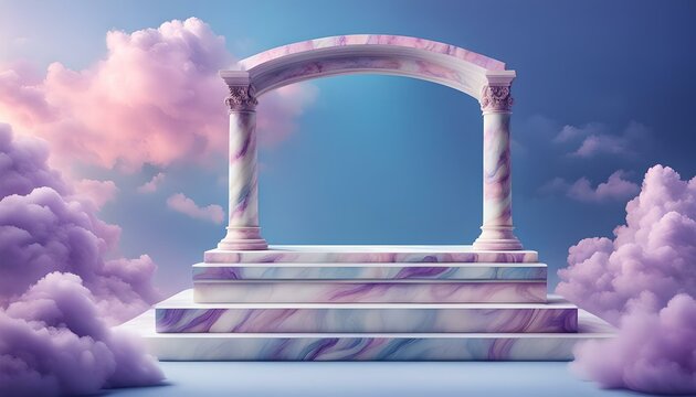 blue and purple marble display dais with an arch and purple clouds