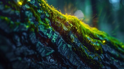 Macro shot capturing the radiant beauty of bioluminescent moss on tree bark.