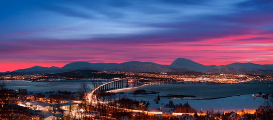 Gordijnen Urban landscape of Tromso in Northern Norway - Arctic city of Tromso with bridge -Tromso, Norway  © muratart