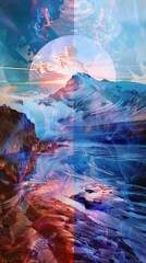 Abstract mountain landscape with glitch art effects