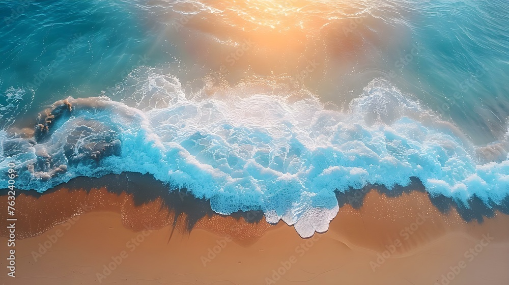 Poster aerial view of a serene beach with sunlight waves and sand creating a peaceful and refreshing scene.