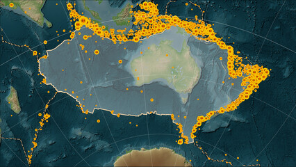 Earthquakes around the Australian plate on the map