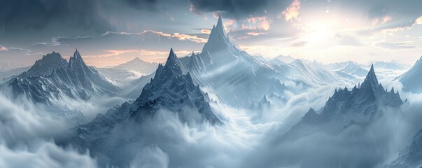 Majestic mountain range with mist and a colorful sunrise - obrazy, fototapety, plakaty