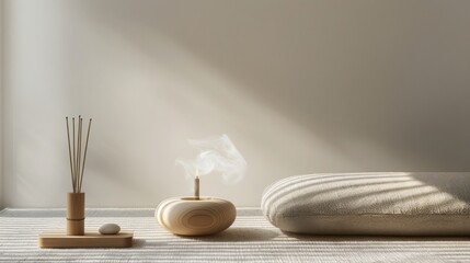 minimalist meditation space illuminated by the natural light of dawn, featuring a single, elegant candle, a bamboo incense holder with a gentle plume of smoke, and a sleek, modern meditation cushion.