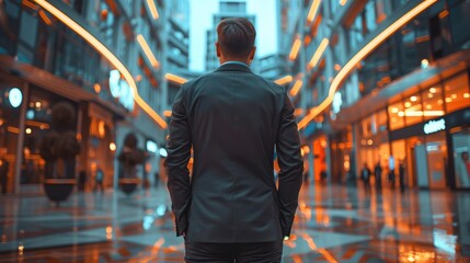Man in a business suit standing in front of a shopping center. Generative AI. - obrazy, fototapety, plakaty