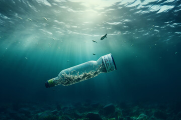 Naklejka premium Lone Bottle Among Marine Life