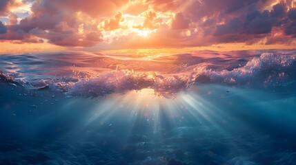 Sunbeams Illuminating Ocean Waves in a Dramatic Underwater Scene at Sunset. Concept Underwater Photography, Ocean Waves, Sunbeams, Sunset Lighting, Dramatic Scene