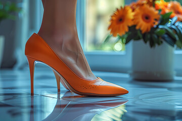 Shining female feet elegantly wearing bright and carefully tailored high heels. The concept of shoes that create beauty. - obrazy, fototapety, plakaty