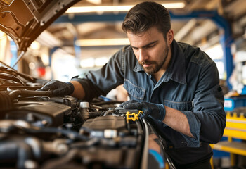 A mechanic in a blue uniform working on a car engine. in a garage and checks the condition of the  car - 763241226