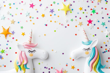 Two white unicorns with bright colored mane and tail flatlay on colorful confetti background. Congratulatory template for children's parties, girl's birthday, twins baby shower with copy space - obrazy, fototapety, plakaty