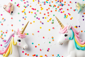 Two white unicorns with bright colored manes and tails on colorful confetti background. Children's parties, twins girl's birthday, baby shower flatlay composition with copy space