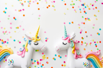 Two white unicorns with bright colored mane and tail on  festive with colorful confetti background. Congratulatory template for children's parties, girl's birthday, twins baby shower with copy space - obrazy, fototapety, plakaty