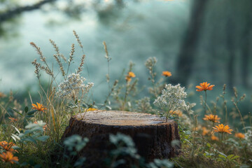 A tree stump podium set amidst the forest, surrounded by wildflowers. An empty stand background ideal for promoting natural products.