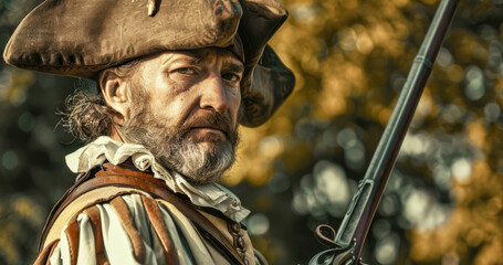 Portrait of a man dressed as a traditional pirate with musket