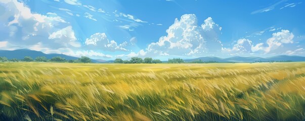 Wheat field under blue sky with clouds