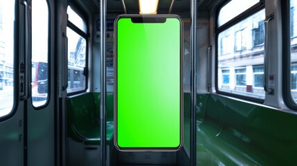 mobile telephone with a vertical green screen in tram chroma key smartphone technology cell phone, empty, message, travel, public, white, mockup, social, wireless, space,