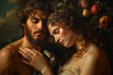 The fall of Adam and Eve, genesis narrative, delving into the biblical original sin, paradise tree, apple, exile, temptation