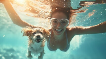 Happy woman and little dog swimming underwater in pool, summer, happy, lifestyles, vacation, holiday, healthy, active, joy, happiness, recreation, enjoyment