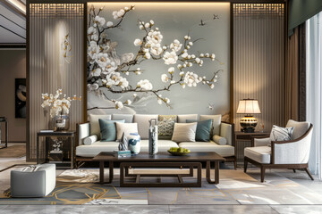 A harmonious combination of traditional Chinese motifs and modern style, a project of a lounge area in a resort hotel in oriental motifs
