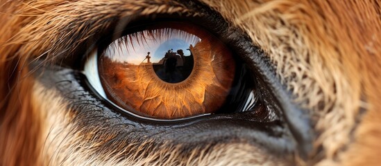 A close up of a lions eye showing the reflection of people in it, highlighted by the intricate details of the iris, eyelash, and fur of this majestic terrestrial animal - obrazy, fototapety, plakaty