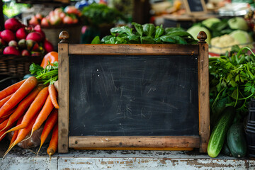 Farmers market counter, vegetarian, vegan food, blank chalk board on table, sale menu