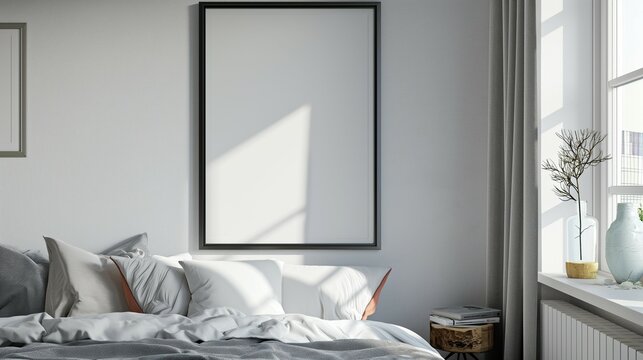 Poster Mock up frame,home bedroom interior, 3d render
