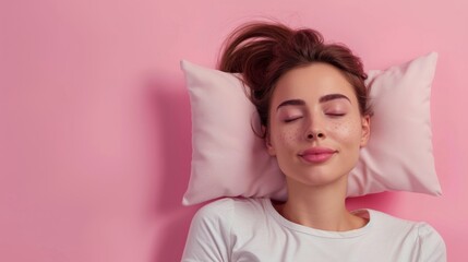 Obraz na płótnie Canvas a young woman sleeping on pillow isolated on pastel pink colored background Sleep deeply peacefully rest. Top above high angle view photo portrait of satisfied .senior wear white shirt 