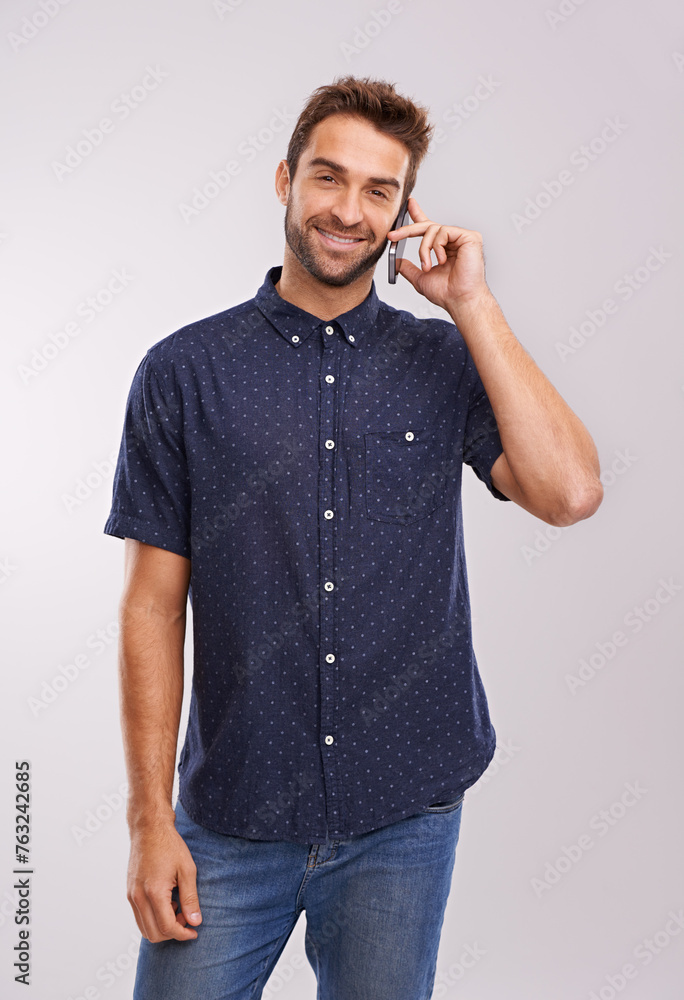 Poster Networking, man and portrait of phone call with communication in studio, background and mockup. Happy, businessman and contact on smartphone with news, feedback of information or announcement in chat