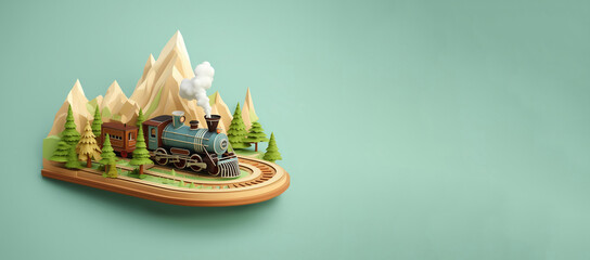 Vintage steam locomotive with carriages in toy 3D style on clean background - 763242633