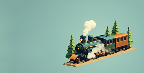 Vintage steam locomotive with carriages in toy 3D style on clean background - 763242636