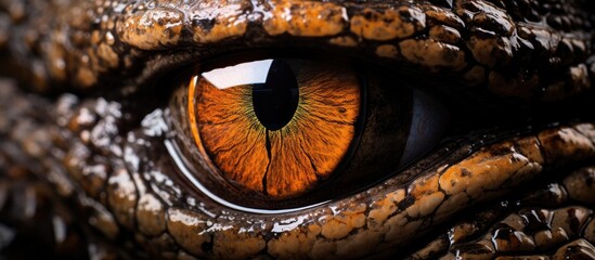 A close up of a dragons eye in macro photography with a black background, showcasing the intricate patterns of the eyelash scales and the intense gaze of this terrestrial animal