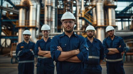 A team of five proud industrial workers, wearing navy blue work uniforms and white safety helmets, standing in front of a factory facility with steel pipes surrounding them. Generative AI.