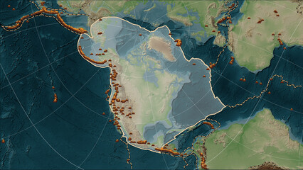 Earthquakes around the North American plate on the map